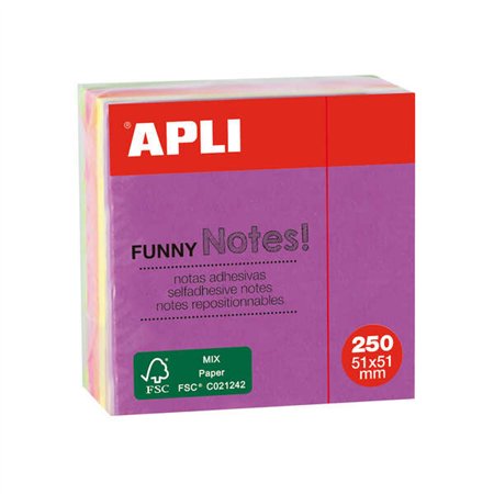 Apli Mini-Cube com 250 blocos de notas adesivas divertidas de 51x51mm - 5 cores fluorescentes sortidas - Divertido e prático