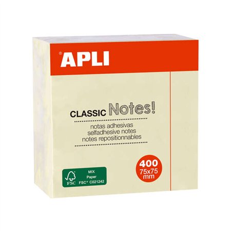 Bloco de Notas Adesivas Apli Classic 75x75mm - Pacote com 400 Folhas - Adesivo de Qualidade - Fácil de Destacar - Amarelo