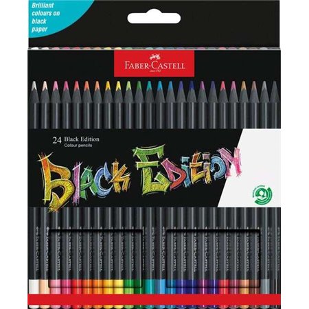 Conjunto de 24 lápis de cor Faber-Castell Black Edition - Mina supermacia - Madeira preta - Ideal para desenhar em papéis claros