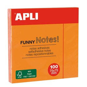 Bloco de notas adesivas divertidas Apli com 100 unidades, 75x75mm - Adesivo de qualidade - Laranja fluorescente