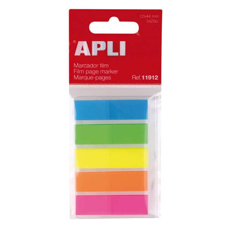 Índices adesivos Apli 45x12mm, 5 cores fluorescentes - 25 índices por cor - Fáceis de colar e remover - Ideais para marcar e org