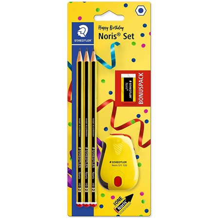 Staedtler Noris 120 - Pacote com 3 Lápis de Grafite Hexagonais + Borracha + Apontador - Mina HB Ultrarresistente de 2mm - Madeir