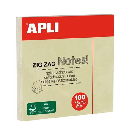 Bloco de notas adesivas Apli Classic com 100 unidades em ziguezague, 75 x 75 mm - Amarelo
