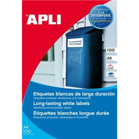 Pacote com 100 etiquetas resistentes às intempéries Apli, 210 x 297 mm - Poliéster com acabamento fosco - Bordas retas - Brancas