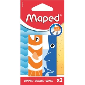Conjunto Maped com 2 borrachas com 3 desenhos de animais - Formato retangular - Livre de ftalatos - Cores sortidas