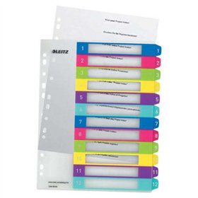 Fichas de índice de plástico imprimíveis Leitz WOW, multicoloridas, com 12 abas - perfuradas várias vezes - formato A4 - translú