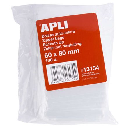 Sacos transparentes com fecho zip autoadesivo Apli 60x80mm - Material LDPE - Fecho seguro e fácil manuseio - Grau alimentício - 