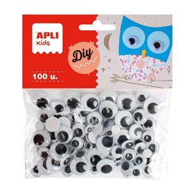 Pacote com 100 olhos adesivos redondos Apli - Tamanhos sortidos: Ø 7 mm, Ø 10 mm, Ø 12 mm e Ø 15 mm - Preto