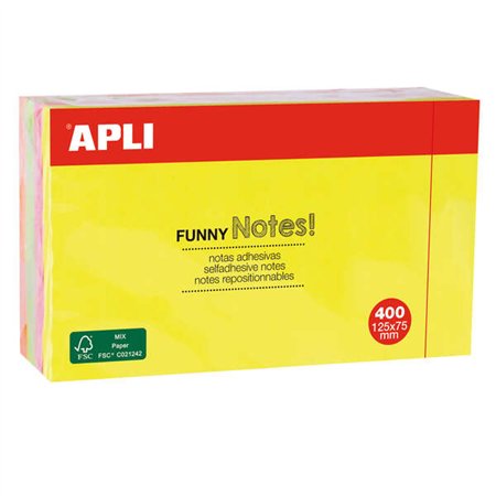 Bloco de Notas Adesivas Reposicionáveis Apli Funny com 400 unidades, 125x75mm - 4 Cores Sortidas (100 Folhas por Cor) - Cores Fl