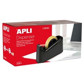 Suporte para rolo de fita adesiva Apli Trade para 33 e 66 metros - Lâmina serrilhada - Base de borracha antiderrapante - Preto