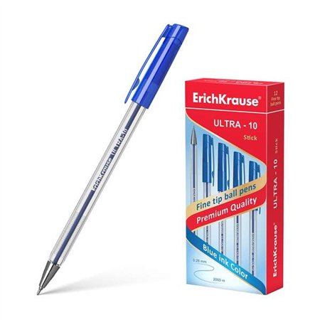 Caneta Esferográfica Erichkrause Ultra-10 - Ponta de Agulha Metálica - Corpo Hexagonal Transparente - Tinta de Baixa Viscosidade