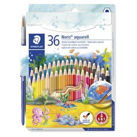 Conjunto de 36 lápis de cor hexagonais Staedtler Noris Aquarell + pincel - Mina reforçada para maior resistência à quebra - Made