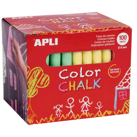 Pacote com 100 giz redondos coloridos sortidos Apli, Ø 9 x 80 mm - Sem poeira - Ideal para escrever, desenhar e colorir em quadr
