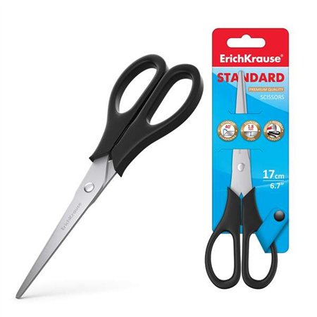 Tesoura padrão Erichkrause com lâminas de aço inoxidável de 17 cm - Afiação dupla avançada - Resistente à corrosão - Cabos de pl
