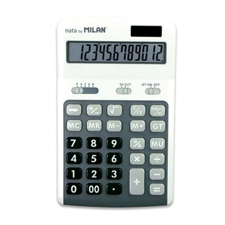 Calculadora Milan de 12 dígitos - 3 teclas de memória - Cálculo de margem - Raiz quadrada - Desligamento automático - Branca e c