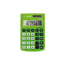 Calculadora de bolso Milan com visor de 8 dígitos, 3 teclas de memória e raiz quadrada, teclas sensíveis ao toque e cor verde.