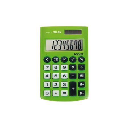 Calculadora de bolso Milan com visor de 8 dígitos, 3 teclas de memória e raiz quadrada, teclas sensíveis ao toque e cor verde.