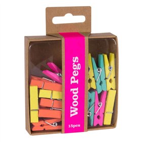 Prendedores de roupa de madeira Apli Fluor Collection - 15 unidades em cores fluorescentes - Caixa Kraft com furo para pendurar 