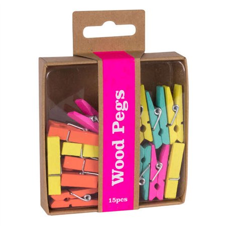 Prendedores de roupa de madeira Apli Fluor Collection - 15 unidades em cores fluorescentes - Caixa Kraft com furo para pendurar 
