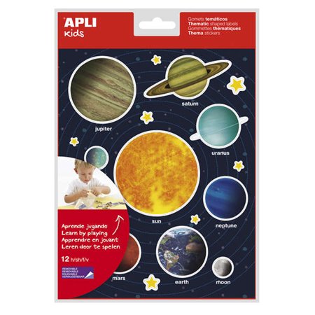 Adesivos temáticos do Sistema Solar da Apli - 240 adesivos em 12 folhas - Adesivo removível - Ideal para aprendizado visual e de