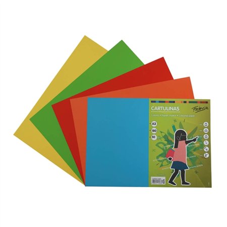 Pacote com 50 folhas de cartão Fabrisa, 180 g/m² - Tamanho A3 - Cores sortidas e vibrantes