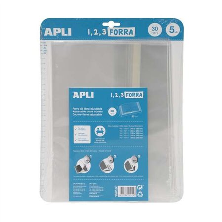 Pacote com 5 capas para livros Apli, 300 mm, polipropileno de 75 mícrons - Aba autoajustável - Encapamento fácil em 3 etapas - S