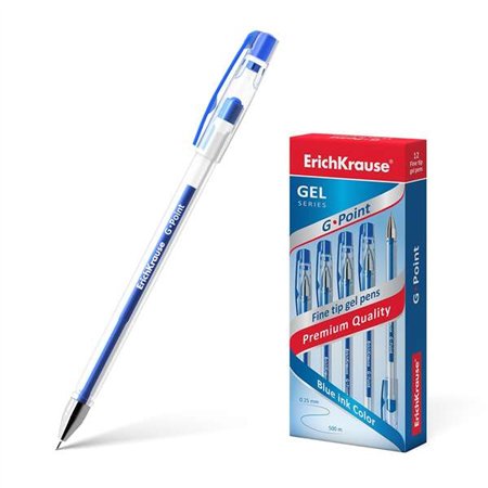Caneta em gel Erichkrause G-Point - Ponta agulha de 0,38 mm - Tinta em gel de secagem rápida - Corpo transparente - Azul