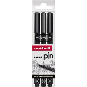 Conjunto de 3 marcadores calibrados Uni-ball Uni Pin 0,2, 0,4 e 0,8 - Ponta de poliacetal - Tinta pigmentada resistente à água e