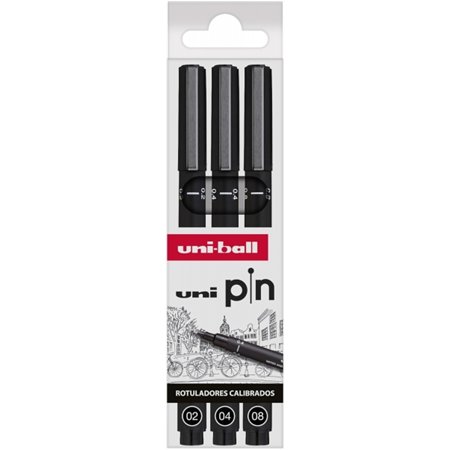 Conjunto de 3 marcadores calibrados Uni-ball Uni Pin 0,2, 0,4 e 0,8 - Ponta de poliacetal - Tinta pigmentada resistente à água e