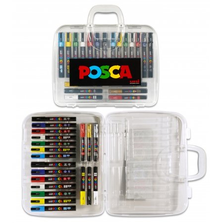 Estojo de plástico Posca com 20 marcadores de tinta - Ponta de poliéster - Tinta pigmentada à base de água - Não permanente - Re