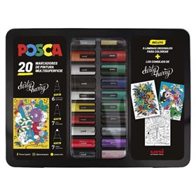 Estojo metálico Posca com 20 marcadores de tinta - Cores e espessuras de traço sortidas - Ponta de poliéster - Tinta pigmentada 