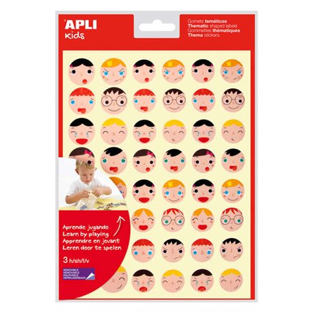 Adesivos Apli Emotions - Ø 23 mm e Ø 20 mm - 144 adesivos por pacote - 16 designs diferentes - Adesivo removível - Ajuda a expre