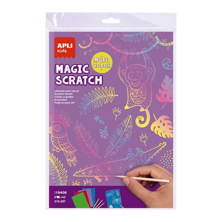 Pacote com 8 folhas para raspar Apli Magic Scratch Colors - Medidas: 210 x 297 mm - Cores sortidas