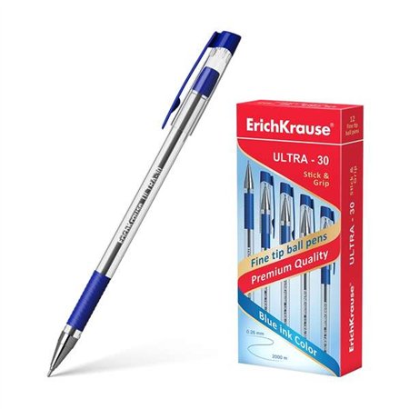 Caneta Esferográfica Erichkrause Ultra-30 - Recarregável com Ponta Fina - Corpo Transparente com Empunhadura Emborrachada - Tint