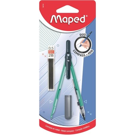 Conjunto Maped Duo+Pen com compassos Duo + caixa de grafite - Compasso que pode ser usado como lapiseira - Clipe de bolso - Core