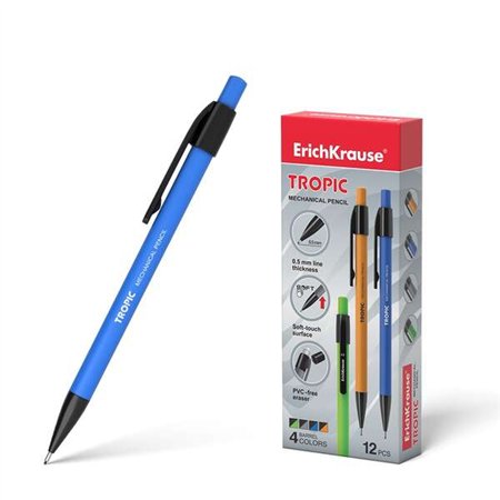 Lapiseira mecânica ErichKrause Tropic - Ponta retrátil e revestimento macio ao toque - Cores foscas e brilhantes - com borracha 
