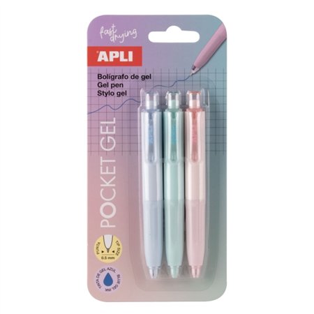 Apli Pocket Gel - Pacote com 3 Mini Canetas de Tinta Gel Retráteis - Tinta Azul - Corpos em Cores Pastel Variadas