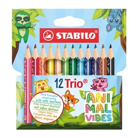Conjunto Stabilo Trio Animal Vibes com 12 Lápis de Cor - Estampas Divertidas de Animais - Mina de 4,2 mm - Formato Triangular - 