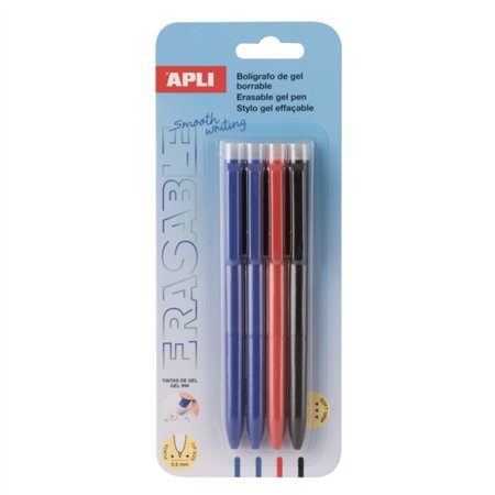 Conjunto de 4 canetas de gel apagáveis Apli - Ponta de 0,5 mm - Área de aderência em silicone - Cores: Azul, Preto e Vermelho