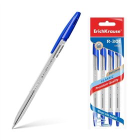 Conjunto de 4 canetas Erichkrause R-301 Classic Stick 1.0 - Corpo hexagonal transparente - Ponta de 1,0 mm - Tinta de secagem rá
