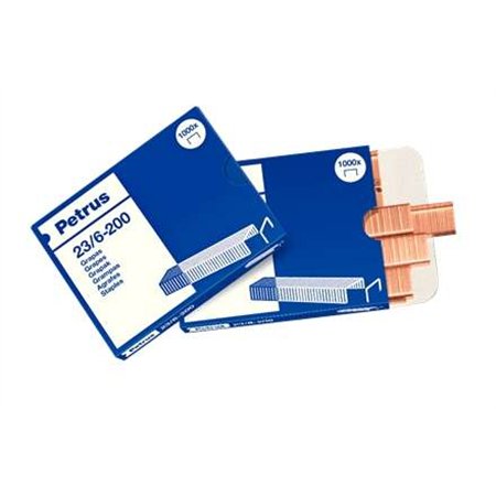 Grampos Petrus 23/6-200 Revestidos de Cobre - Até 20 Folhas - Caixa com 1000 Grampos - Haste de 6mm