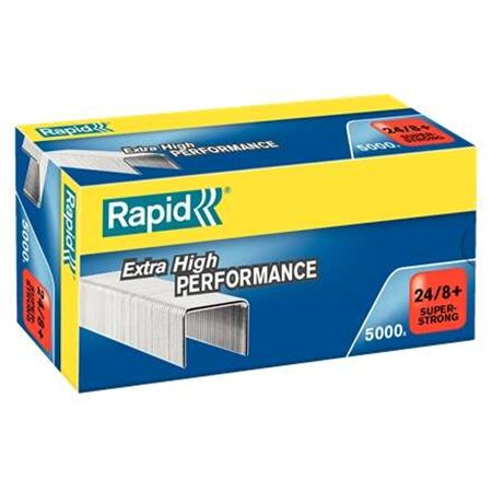Caixa de grampos Rapid Super Strong com 5000 unidades - 24/8+ - Até 50 folhas - Arame galvanizado super reforçado - Haste de 8,5