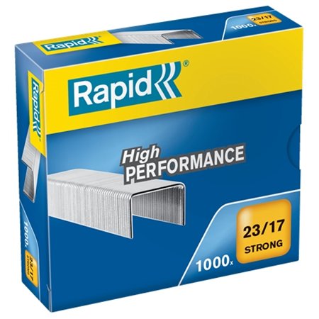 Caixa de grampos Rapid Strong com 1000 unidades, 23/17 - 110 a 140 folhas - Arame galvanizado reforçado - Haste de 17 mm