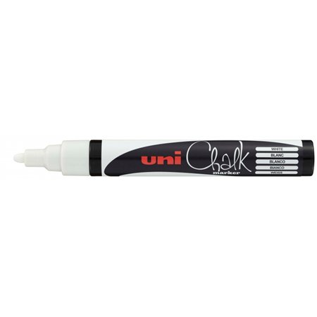 Marcador de giz líquido Uni-ball PWE-5M - Ponta cônica de 1,8 a 2,5 mm - Apagável com água - Resistente à chuva - Branco