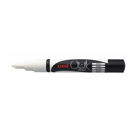 Marcador de giz líquido Uni-ball PWE-3MS - Ponta cônica de 0,7 mm - Apagável com água - Resistente à chuva - Branco