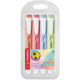 Kit com 4 Marcadores Fluorescentes Stabilo Swing Cool Pastel - Corpo Plano - Ponta Chanfrada - Espessura da Linha entre 1 e 4 mm