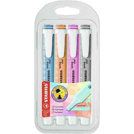 Kit com 4 Marcadores Fluorescentes Stabilo Swing Cool Pastel - Corpo Plano - Ponta Chanfrada - Espessura da Linha entre 1 e 4 mm