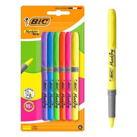 Conjunto de Marcadores de Texto Bic Grip com 6 Canetas Fluorescentes - Ponta Chanfrada - Espessura da Linha entre 1,60 e 3,30 mm