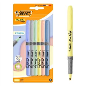 Conjunto de 6 Marcadores Fluorescentes Bic Highlighter Grip Pastel - Ponta Chanfrada - Espessura da Linha entre 1,60 e 3,30 mm -