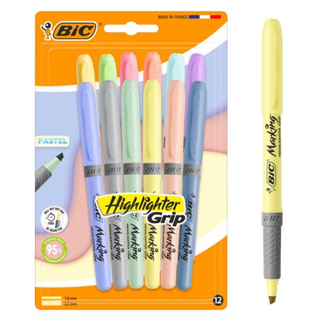 Conjunto de 12 Marcadores Fluorescentes Bic Highlighter Grip Pastel - Ponta Chanfrada - Espessura da Linha entre 1,60 e 3,30 mm 
